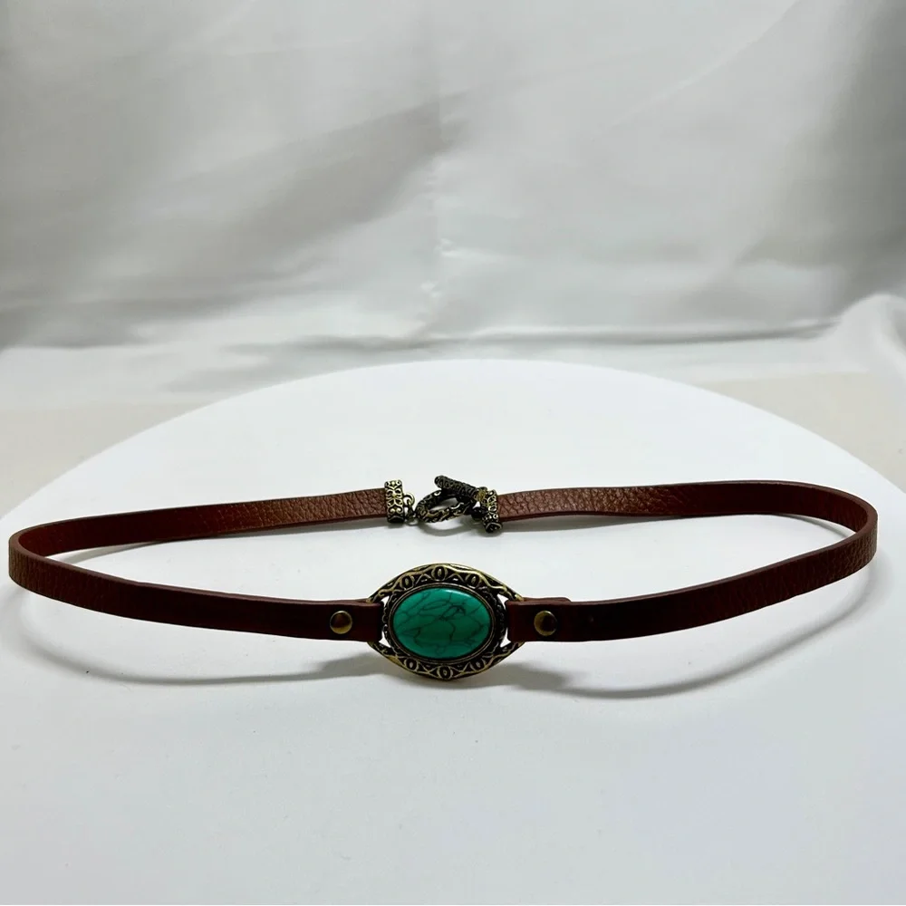 Brown Leather, Gold, Turquoise Necklace?, Belt?